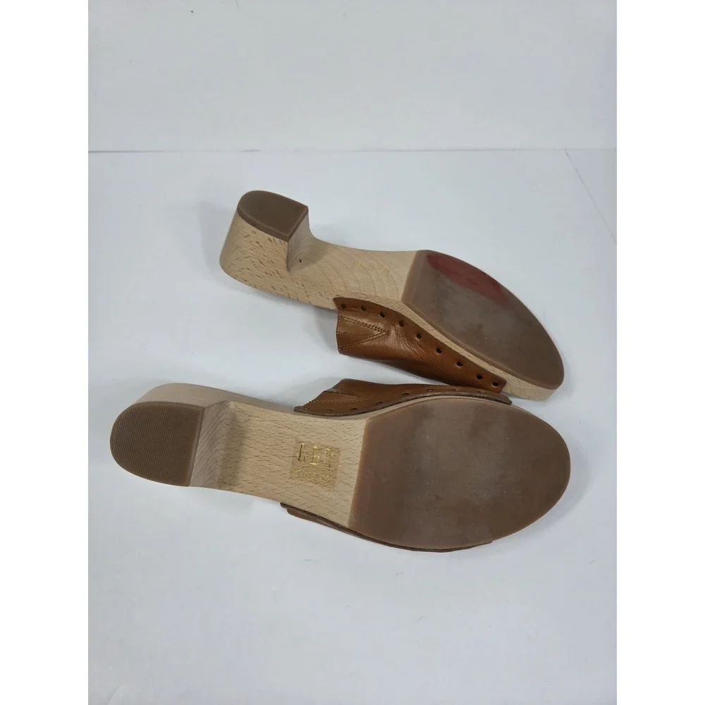 Madewell The Evelyn Slide Comfort Tan Leather Clogs Women 9.5 Wooden Heel